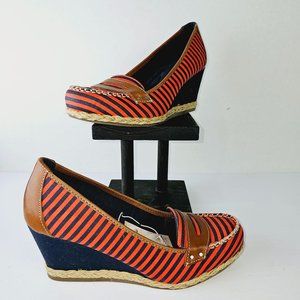 Dr. Scholl's Brilliant Red & Blue Striped Leather Fabric Wedges Shoes 8.5M